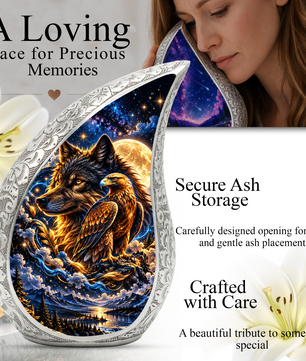 Wolf and Eagle Cremation Urn for Ashes, Wildlife Adult Memorial Urn, Celestial Animal Design
