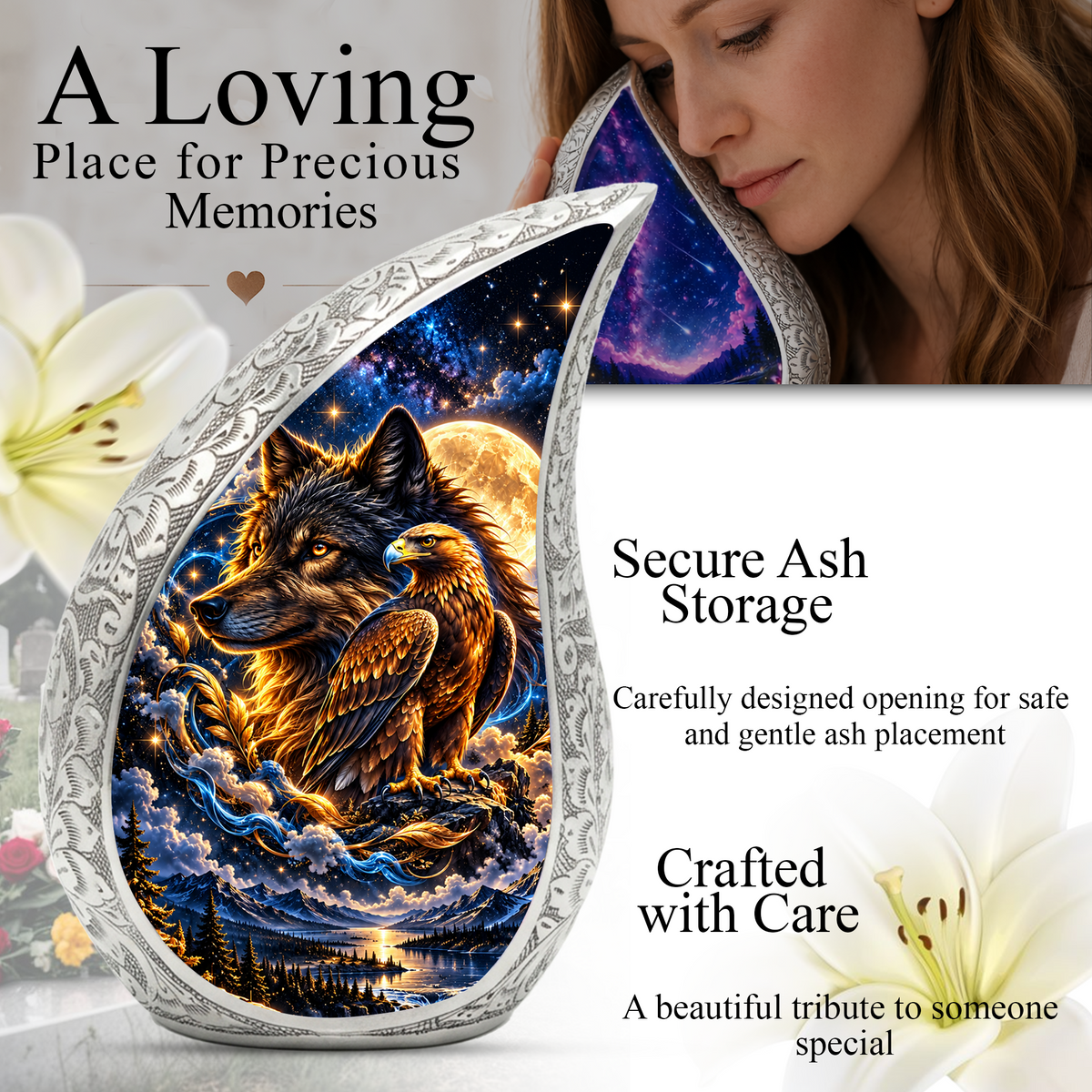 Wolf and Eagle Cremation Urn for Ashes, Wildlife Adult Memorial Urn, Celestial Animal Design
