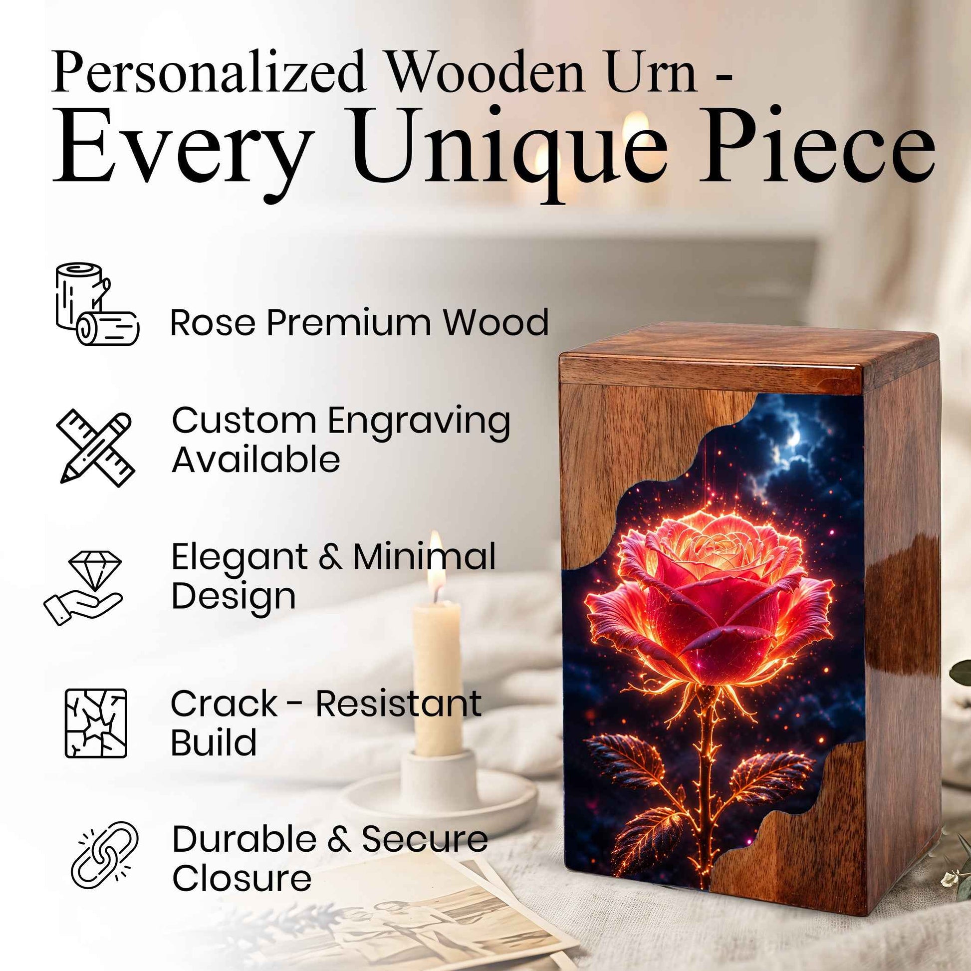 Rose Wooden Cremation Urn for Mom – Custom Memorial Wooden Urn for Human Ashes