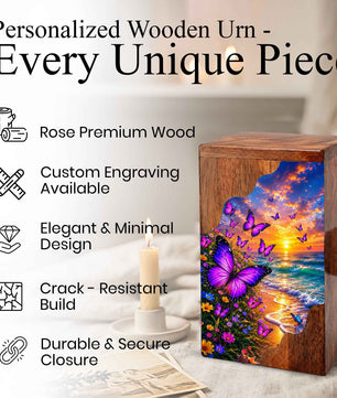 Purple Butterfly Beach Wooden Cremation Urn – Wooden Urn for Human Ashes