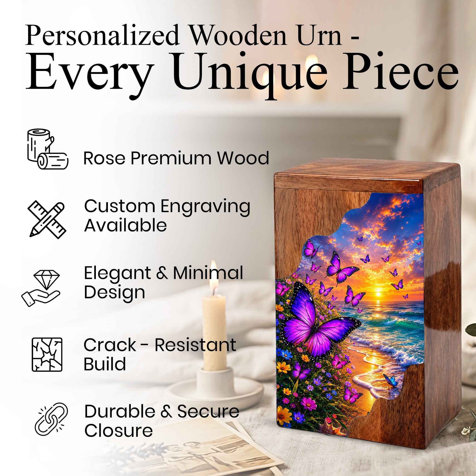 Purple Butterfly Beach Wooden Cremation Urn – Wooden Urn for Human Ashes