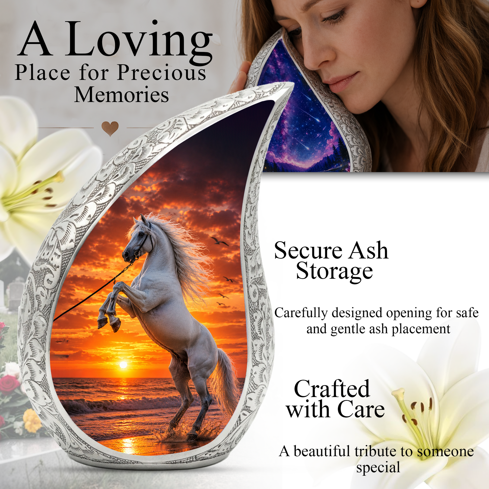 White Horse Adult Urn for Human Ashes – Sunset Memorial Adult Cremation Urn