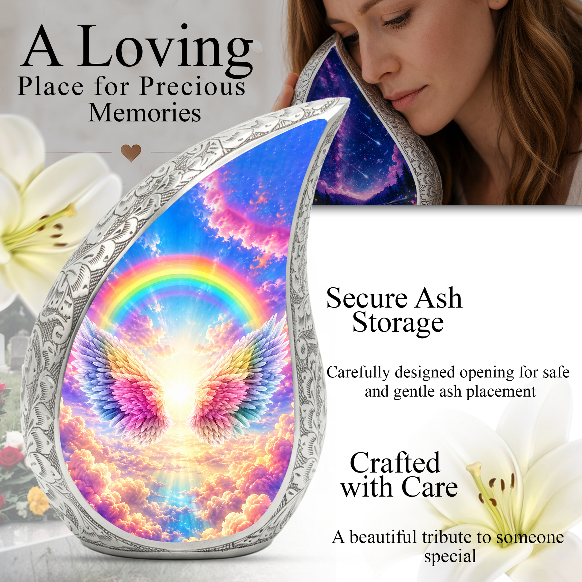Rainbow Angel Wings Urn for Mom, Personalized Cremation Urn for Ashes