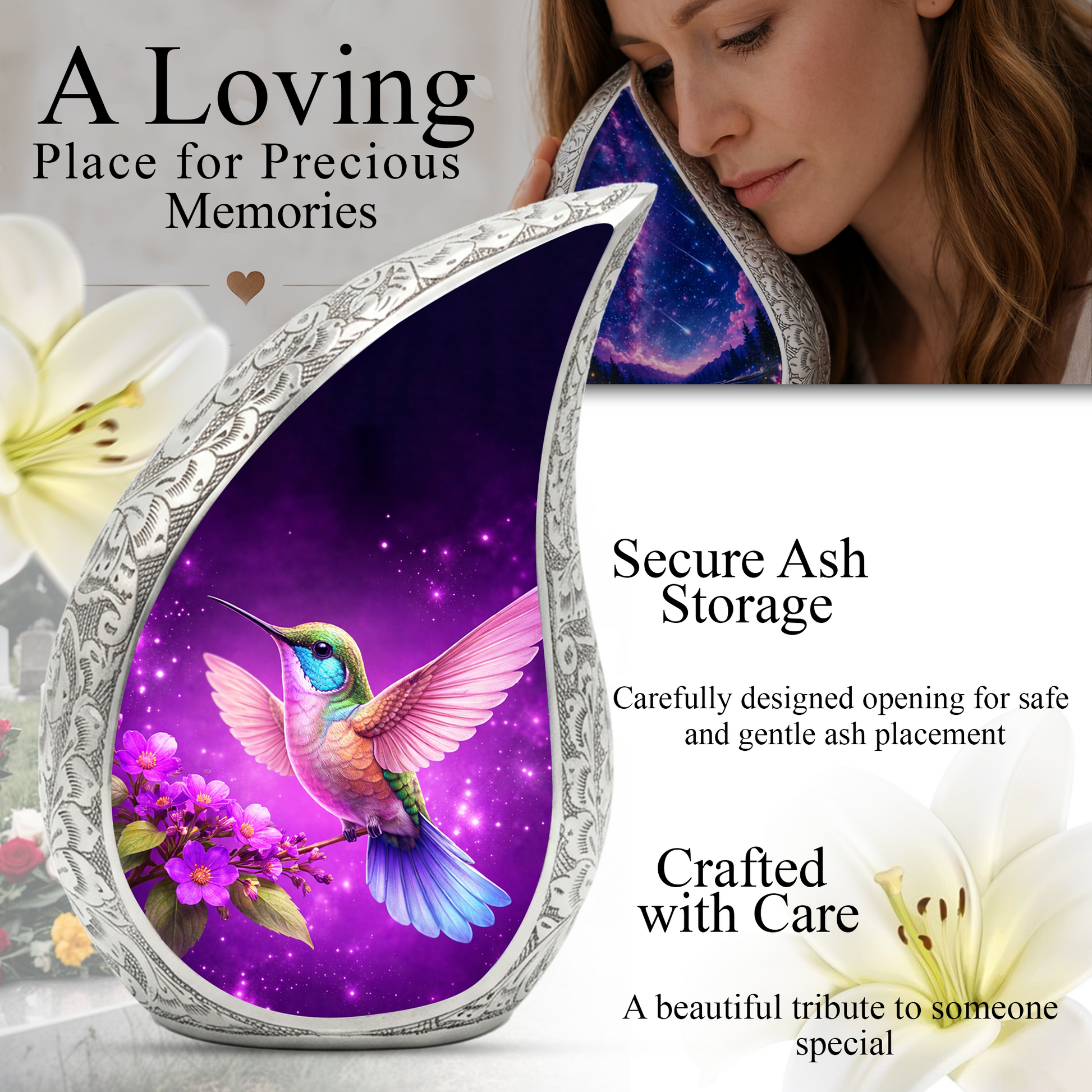 Hummingbird Urn for Mom | Floral Memorial Urn | Adult Cremation Urn