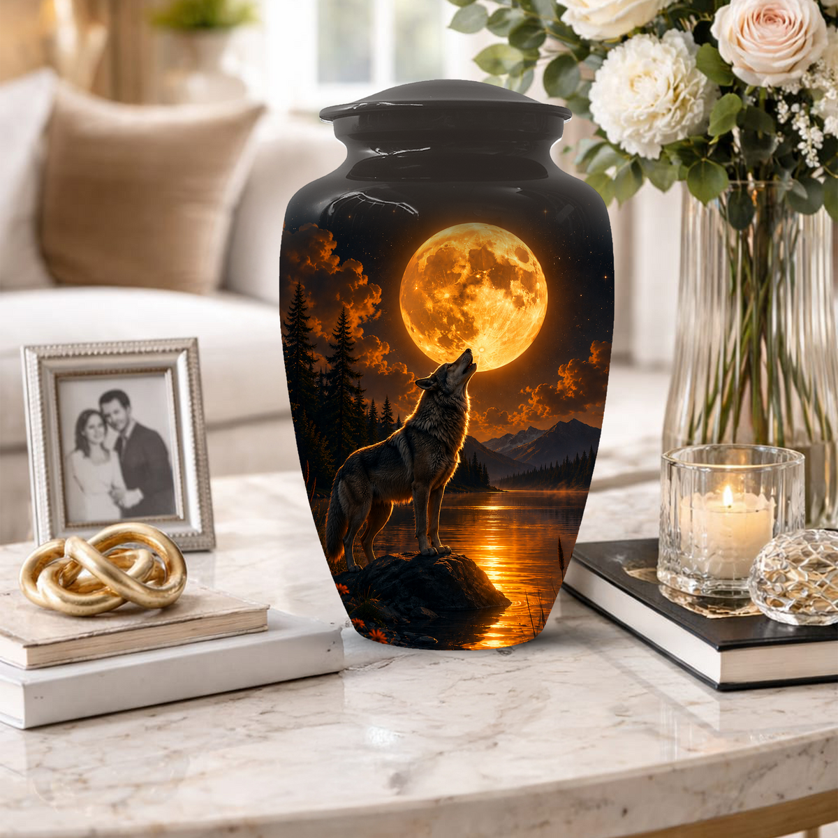 Wolf Cremation Urn for Dad - Mountain Lake Memorial Large Keepsake Urns