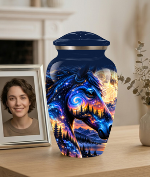 Personalized Horse Cremation Urn for Ashes, Cosmic Galaxy Horse Adult Memorial Urn, Custom Aluminum Urn