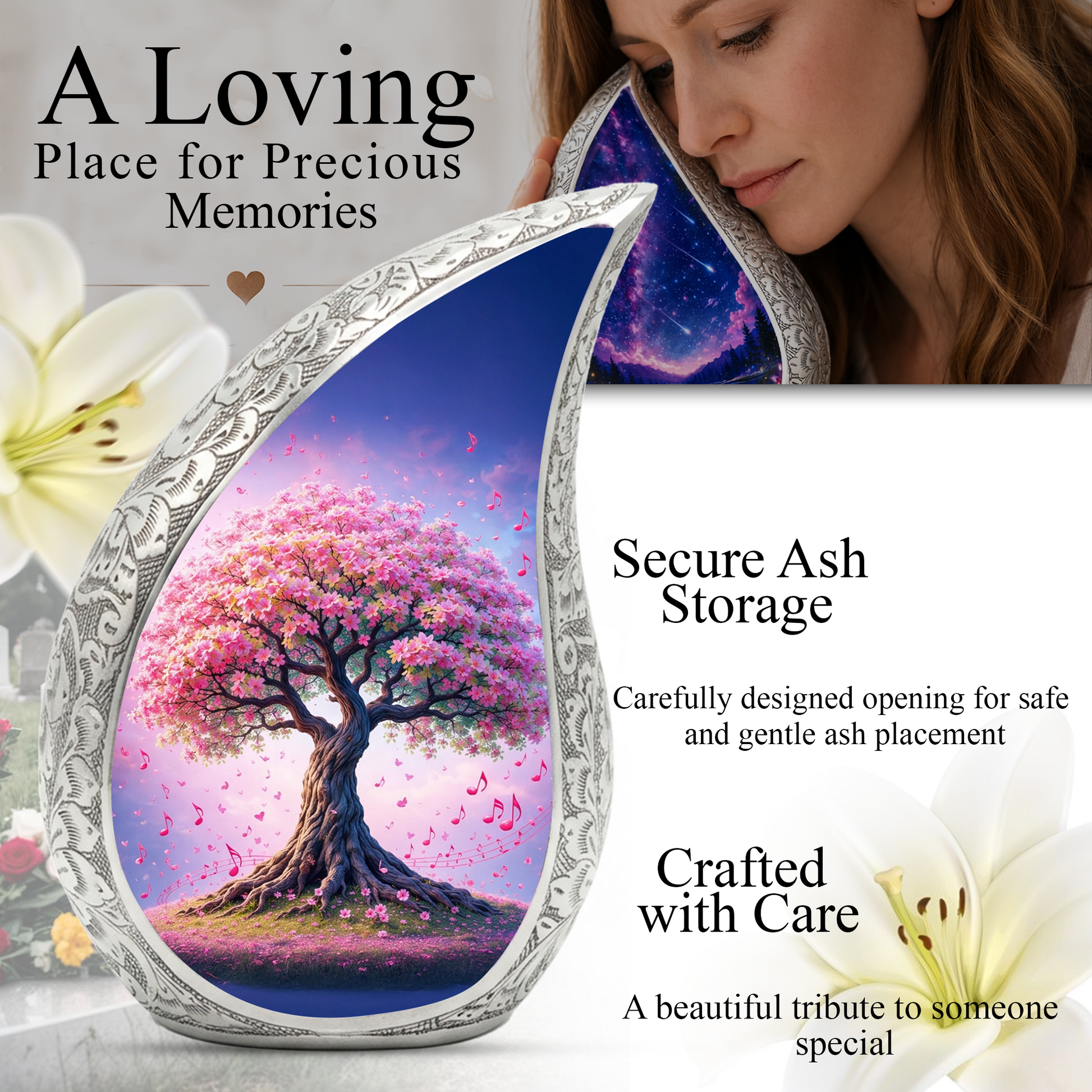 Tree of Life Personalized Cremation Urn – Teardrop Style Aluminum Memorial Urn, 10 Inch