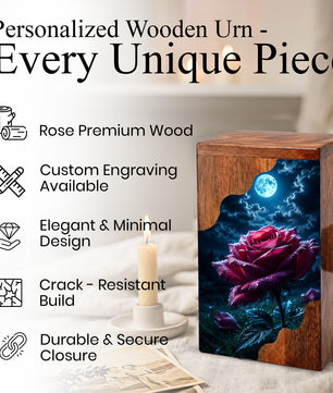 Moonlit Rose Wooden Cremation Urn – Rose Memorial Urn for Human Ashes
