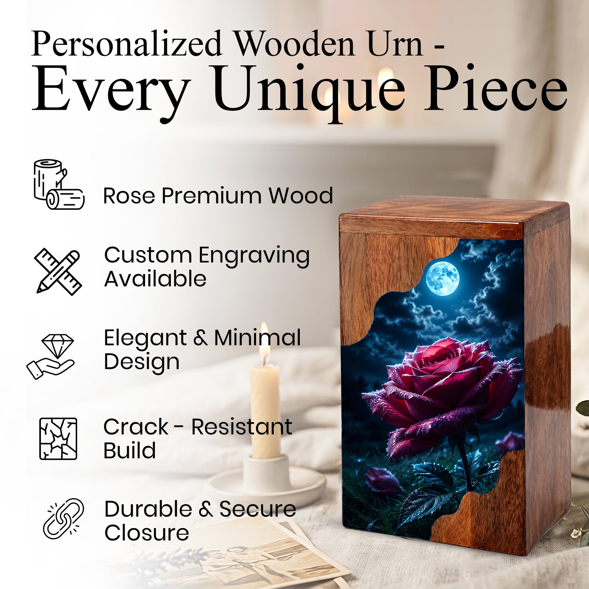 Moonlit Rose Wooden Cremation Urn – Rose Memorial Urn for Human Ashes