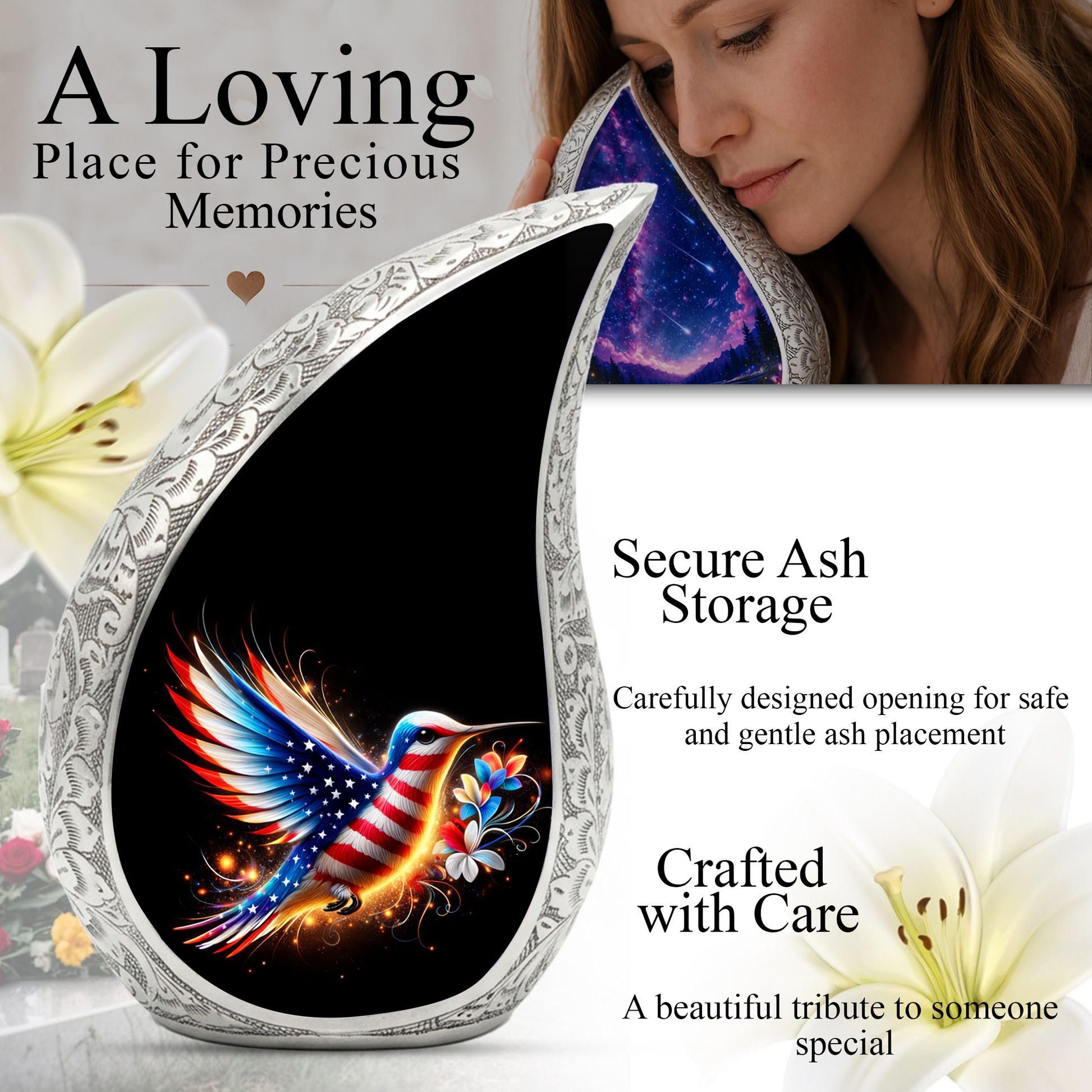 Patriotic Hummingbird Urn for Mom | Adult Cremation Urn for Ashes