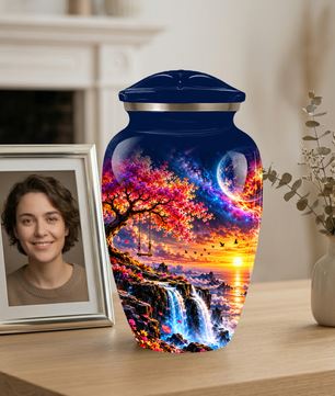 Personalized Adult Cremation Urn for Ashes, Custom Memorial Urn, Fantasy Sunset Waterfall and Cherry Blossom Design