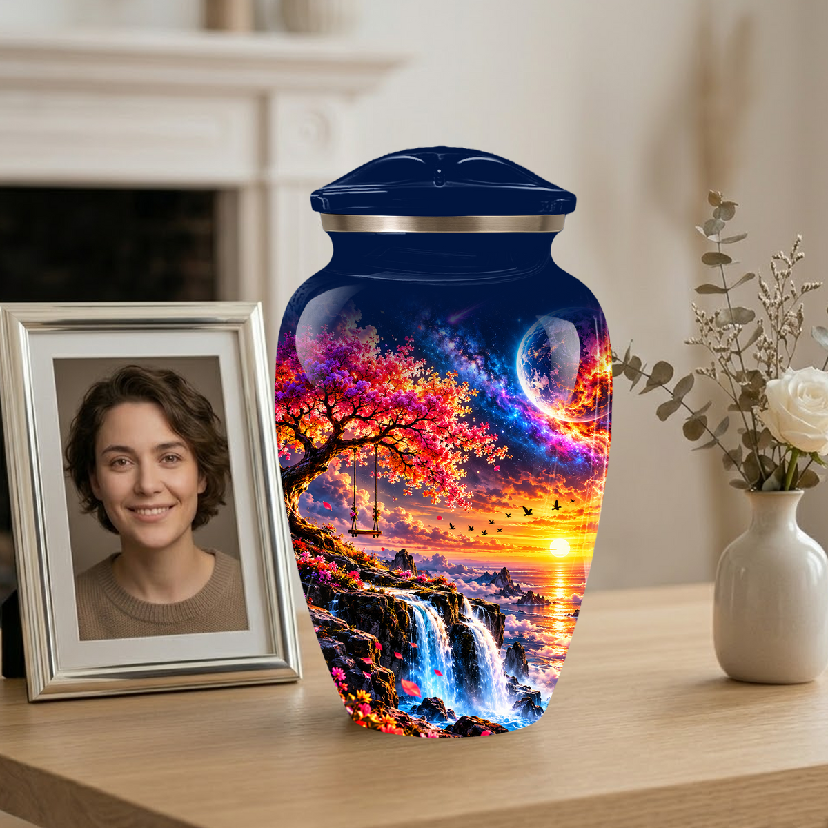 Personalized Adult Cremation Urn for Ashes, Custom Memorial Urn, Fantasy Sunset Waterfall and Cherry Blossom Design