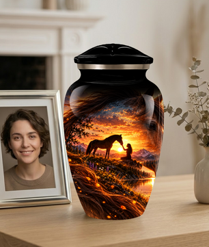 Personalized Adult Cremation Urn for Ashes, Custom Memorial Urn, Horse Sunset Artwork, Adult Urn