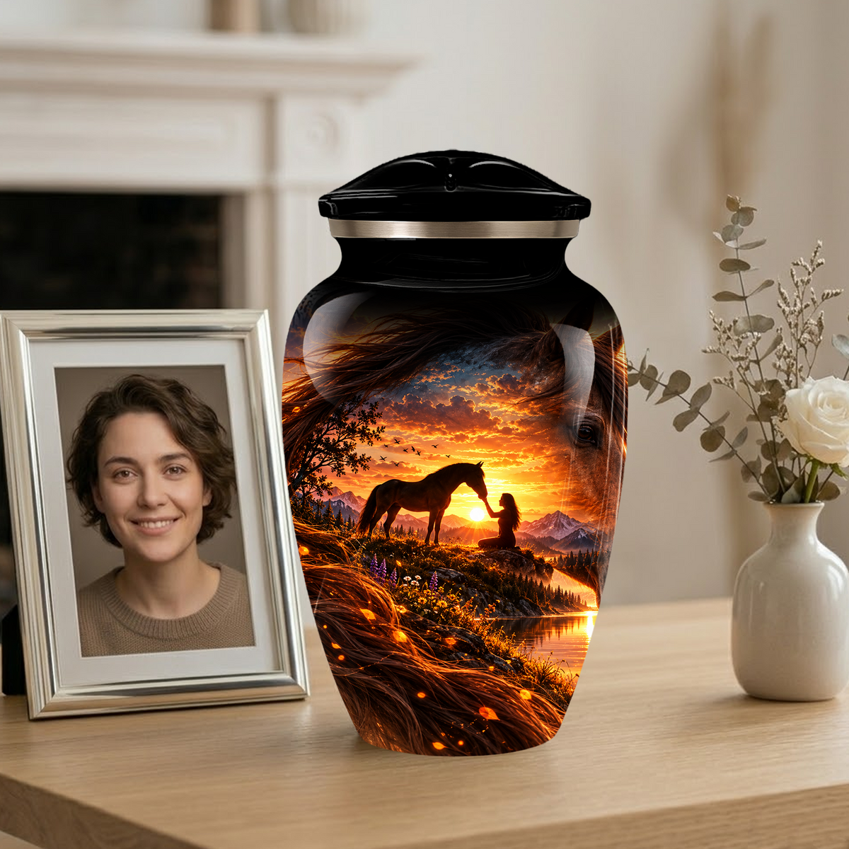 Personalized Adult Cremation Urn for Ashes, Custom Memorial Urn, Horse Sunset Artwork, Adult Urn