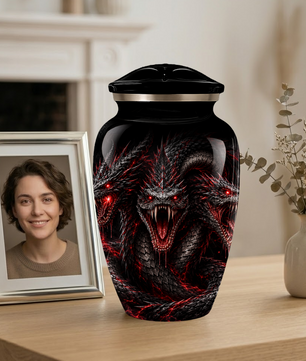 Three-Headed Dragon Cremation Urn – Black & Red Dragon Adult Memorial Urn for Ashes