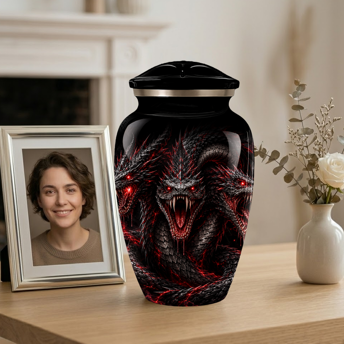 Three-Headed Dragon Cremation Urn – Black & Red Dragon Adult Memorial Urn for Ashes
