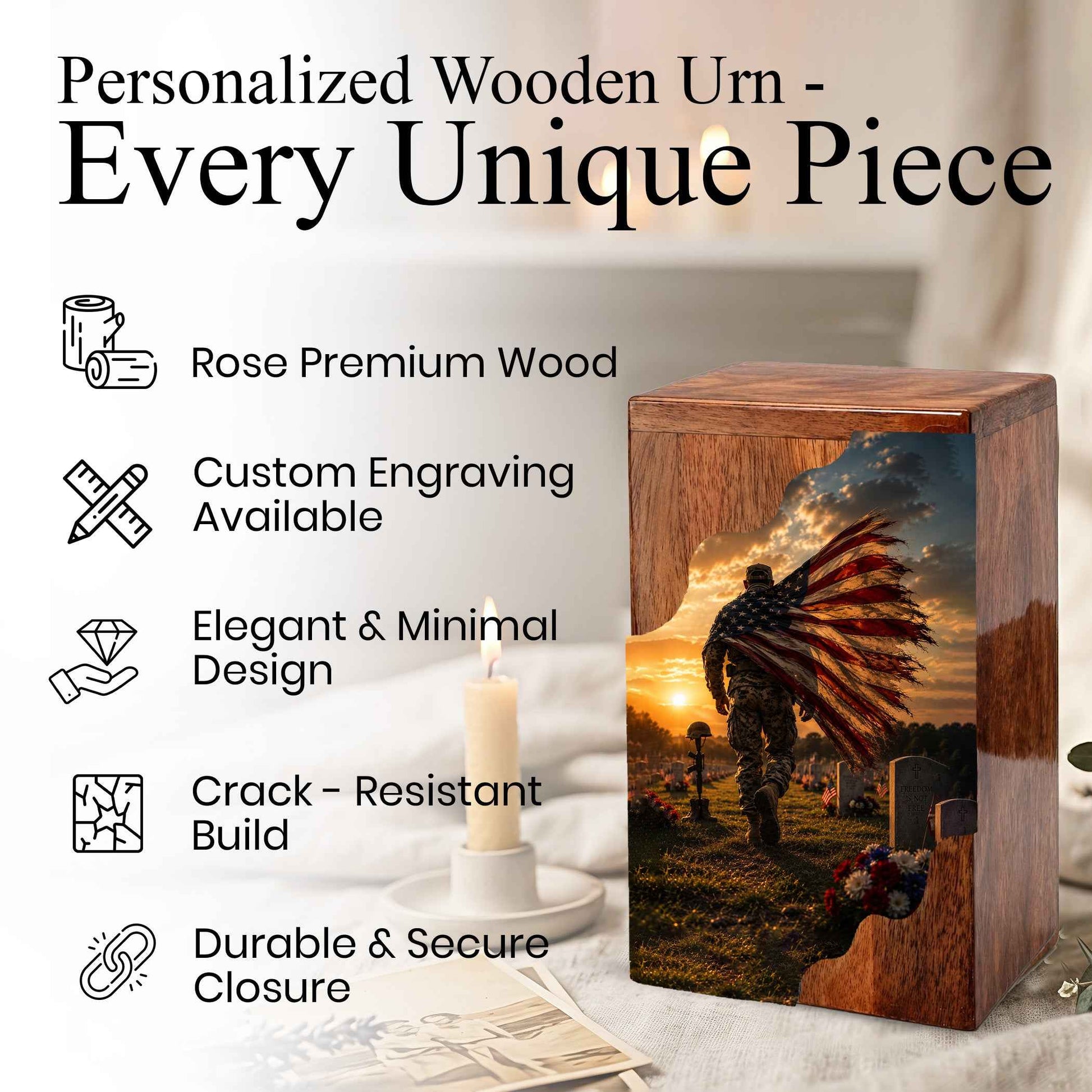 Military Wooden Cremation Urn for Veteran | American Flag Memorial Urn for Dad