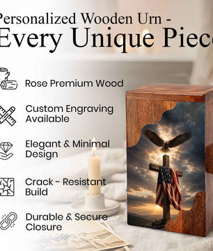 Christian Cross Wooden Cremation Urn for Human Ashes | Patriotic Religious Memorial Urn