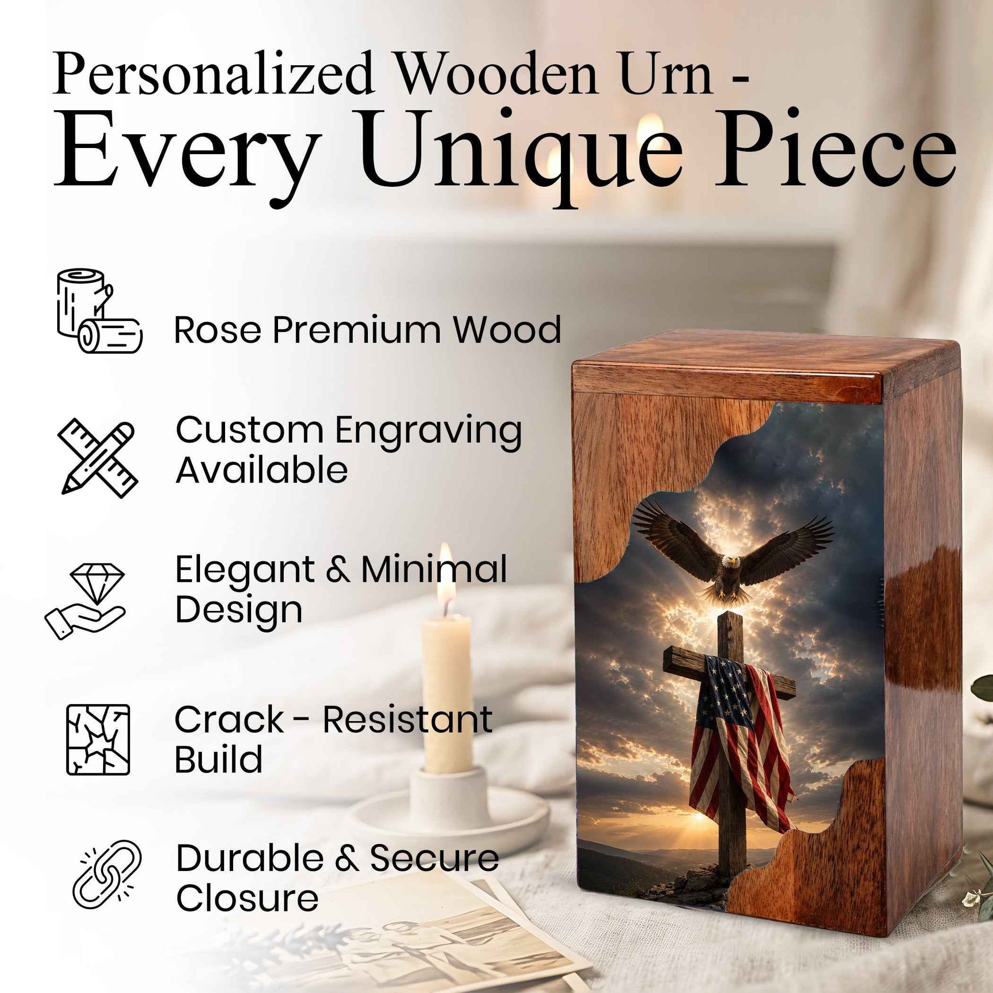 Christian Cross Wooden Cremation Urn for Human Ashes | Patriotic Religious Memorial Urn