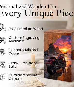 Motorcycle Beach Sunset Cremation Urn – Wooden Urn for Human Ashes