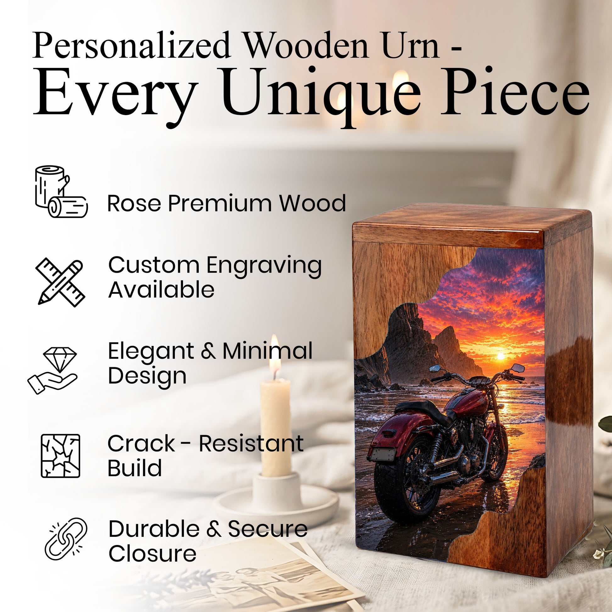 Motorcycle Beach Sunset Cremation Urn – Wooden Urn for Human Ashes