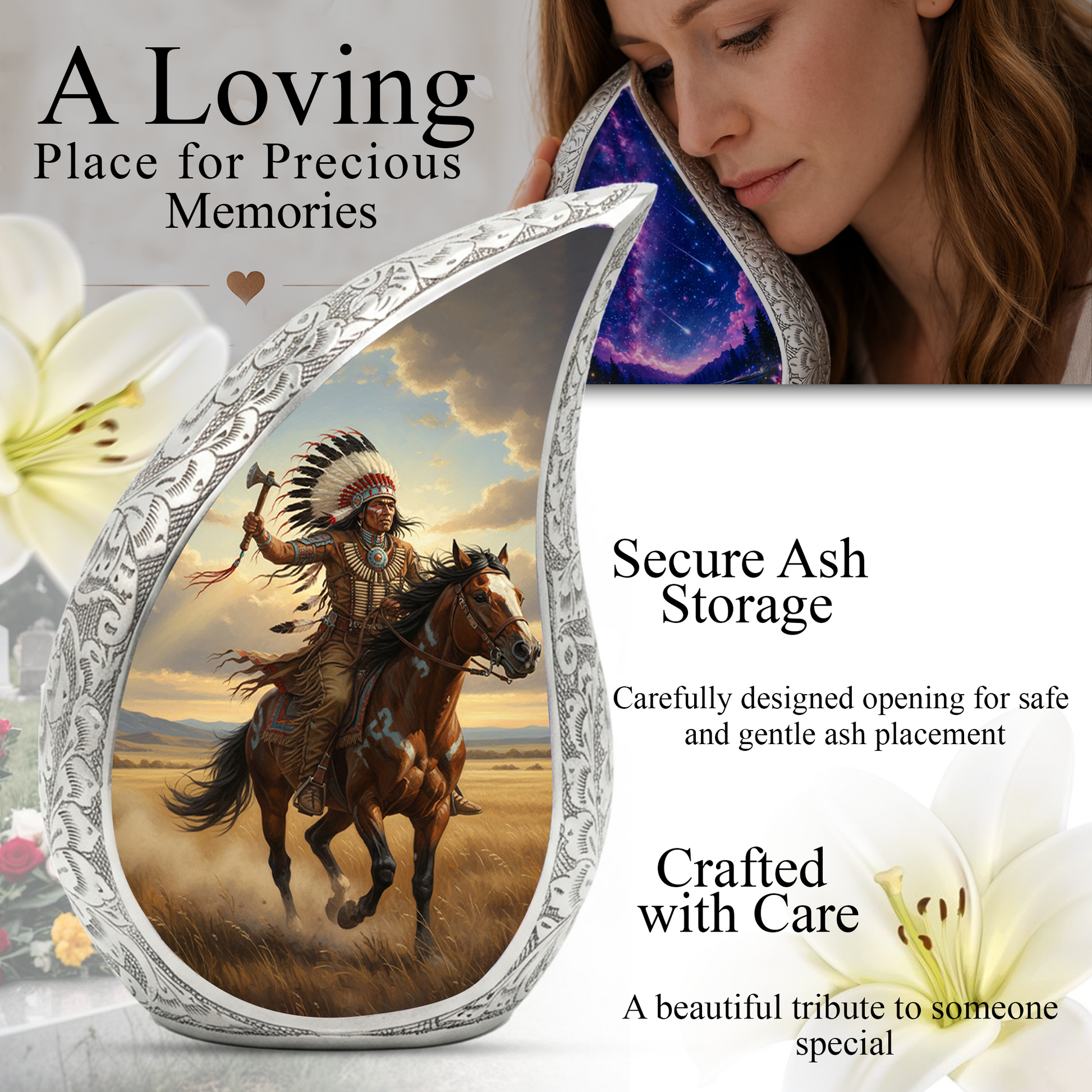 Native American Personalized Cremation Urn for Dad – Western Teardrop Memorial Urn, 10 Inch