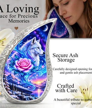 Wolf Adult Cremation Urn for Human Ashes, White Wolf and Pink Rose Memorial Urn