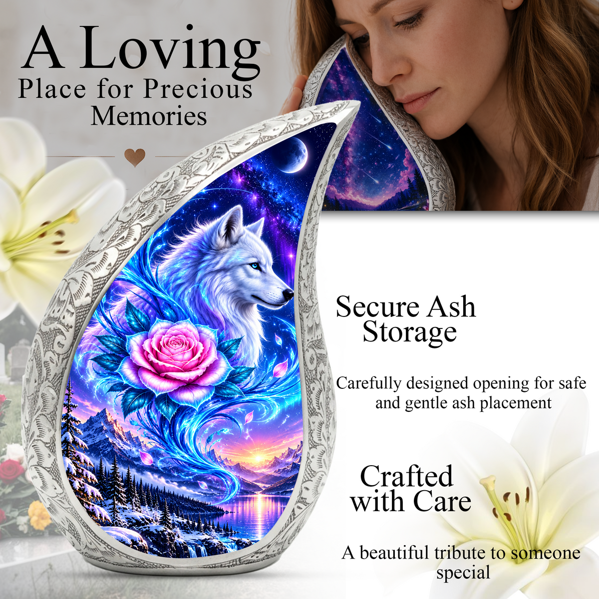 Wolf Adult Cremation Urn for Human Ashes, White Wolf and Pink Rose Memorial Urn
