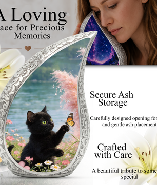 Butterfly Memorial Cat Urn - Black Cat Urn for Ashes, Custom Pet Urn for Cat