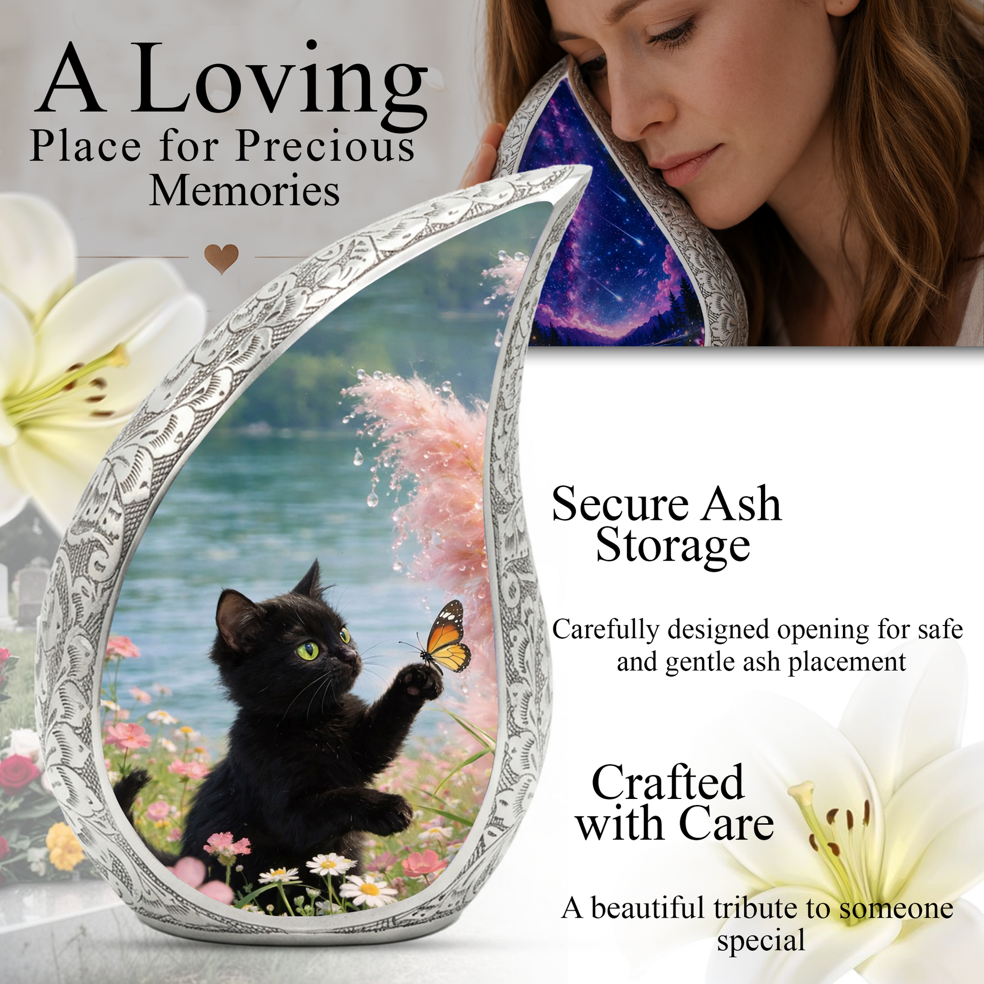 Butterfly Memorial Cat Urn - Black Cat Urn for Ashes, Custom Pet Urn for Cat