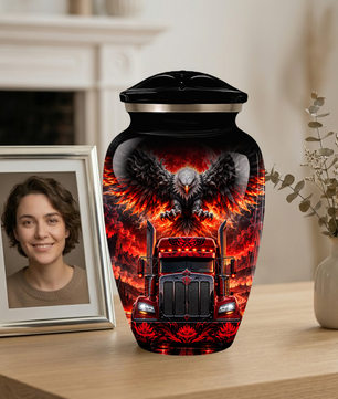 Personalized Adult Cremation Urn for Ashes, Custom Red Semi Truck and Fiery Eagle Memorial Urn, Truck Driver Urn