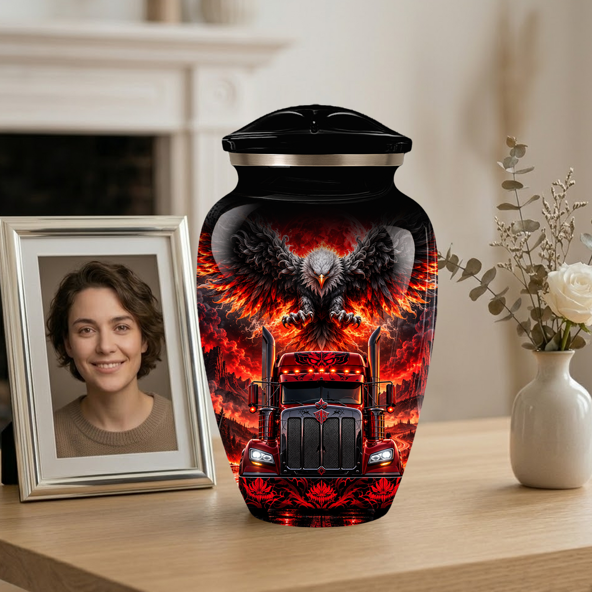 Personalized Adult Cremation Urn for Ashes, Custom Red Semi Truck and Fiery Eagle Memorial Urn, Truck Driver Urn