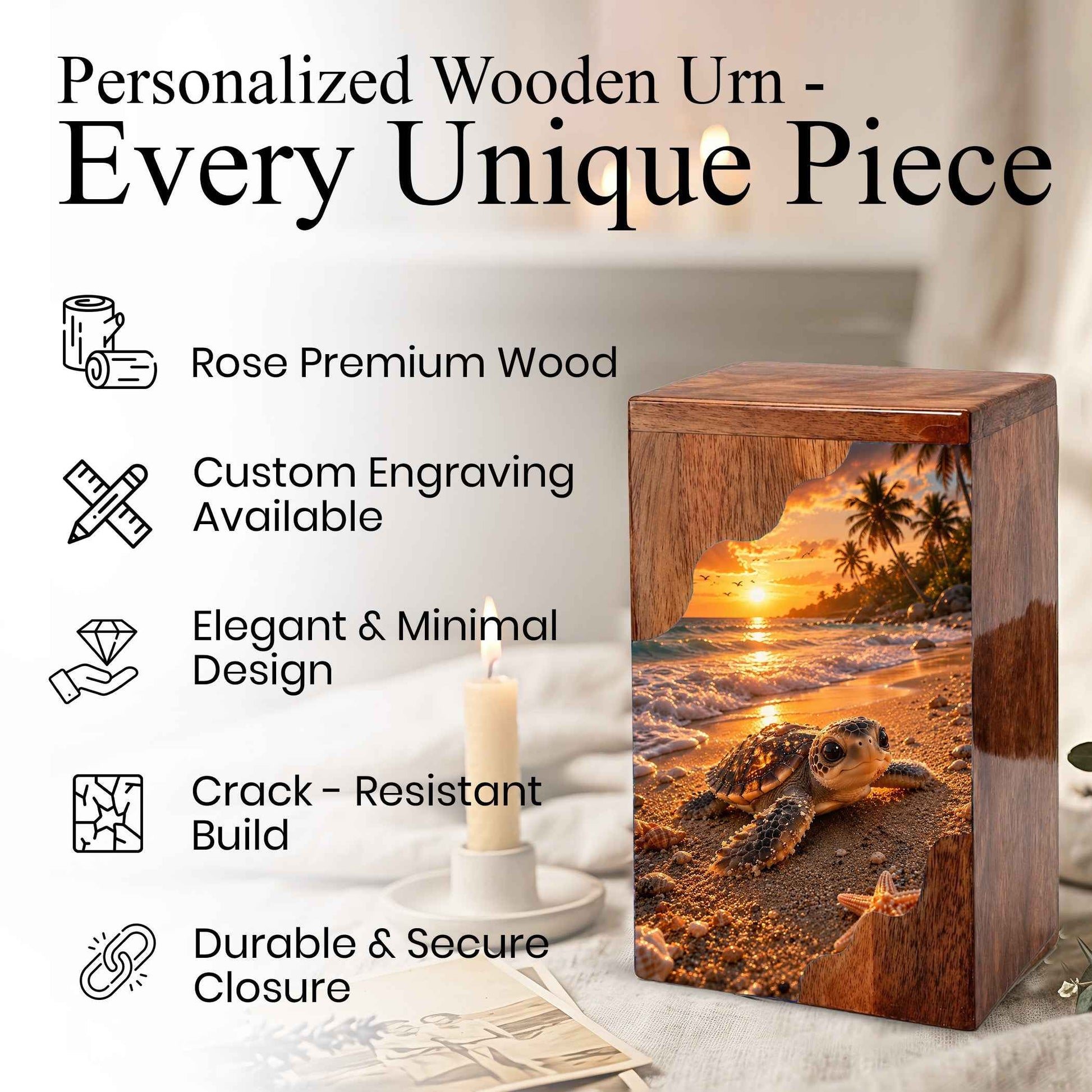 Sea Turtle Wooden Cremation Urn for Human Ashes, Beach Memorial Urn