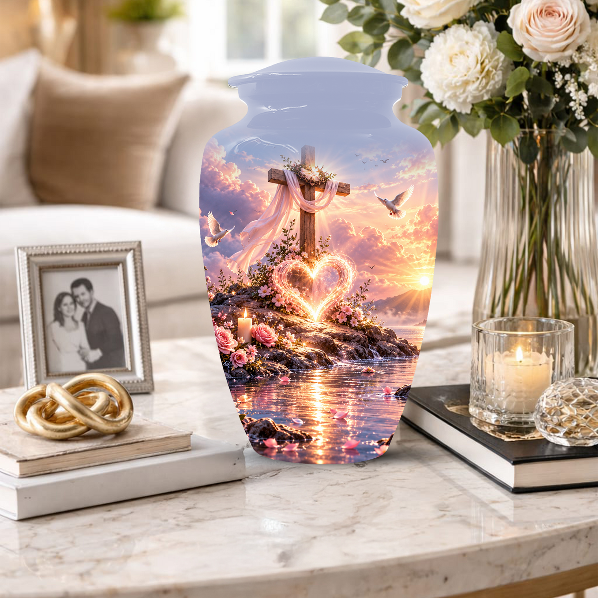 Christian Cremation Urn for Mom - Cross & Dove Extra Large Keepsake Urn