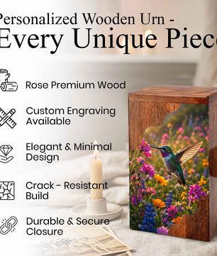 Green Hummingbird Wooden Cremation Urn – Wildflower Memorial Wooden Urn for Human Ashes