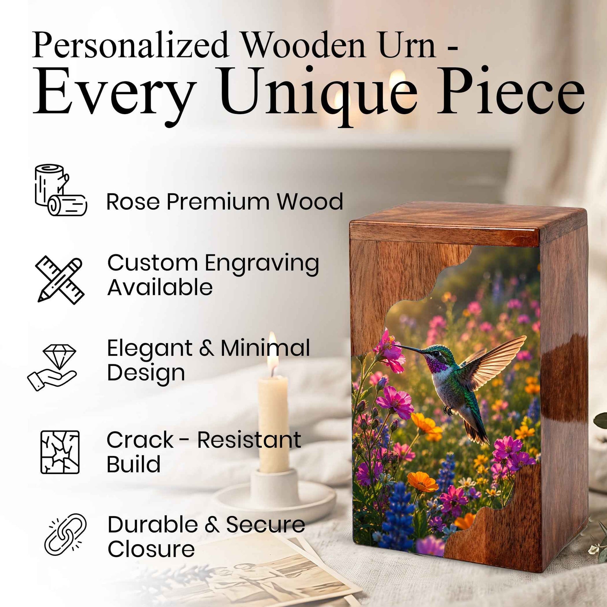 Green Hummingbird Wooden Cremation Urn – Wildflower Memorial Wooden Urn for Human Ashes