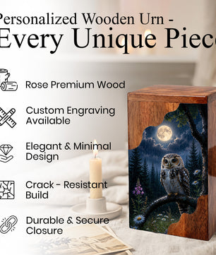 Owl Wooden Cremation Urn – Moonlit Memorial Urn | Wooden Urn for Human Ashes