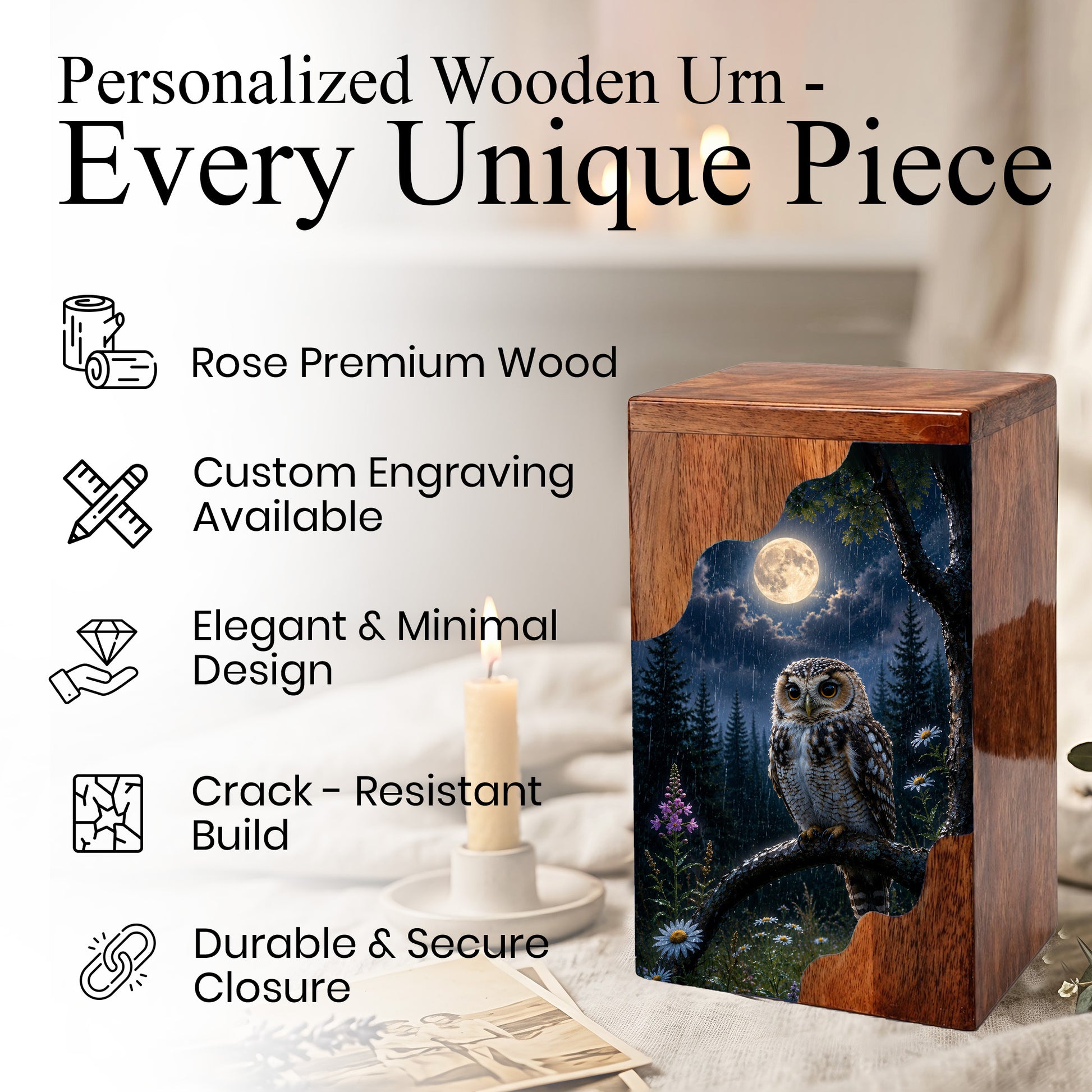 Owl Wooden Cremation Urn – Moonlit Memorial Urn | Wooden Urn for Human Ashes