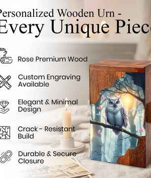 Wooden Cremation Urn – Owl Memorial Urn | Custom Wooden Memorial Urn for Adult Ashes