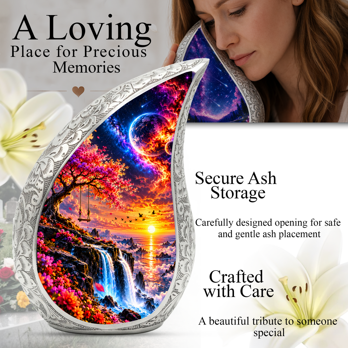 Tree of Life Cremation Urn for Ashes, Nature Memorial Urn, Sunset Waterfall Adult Urn, Tree Memorial Urn,