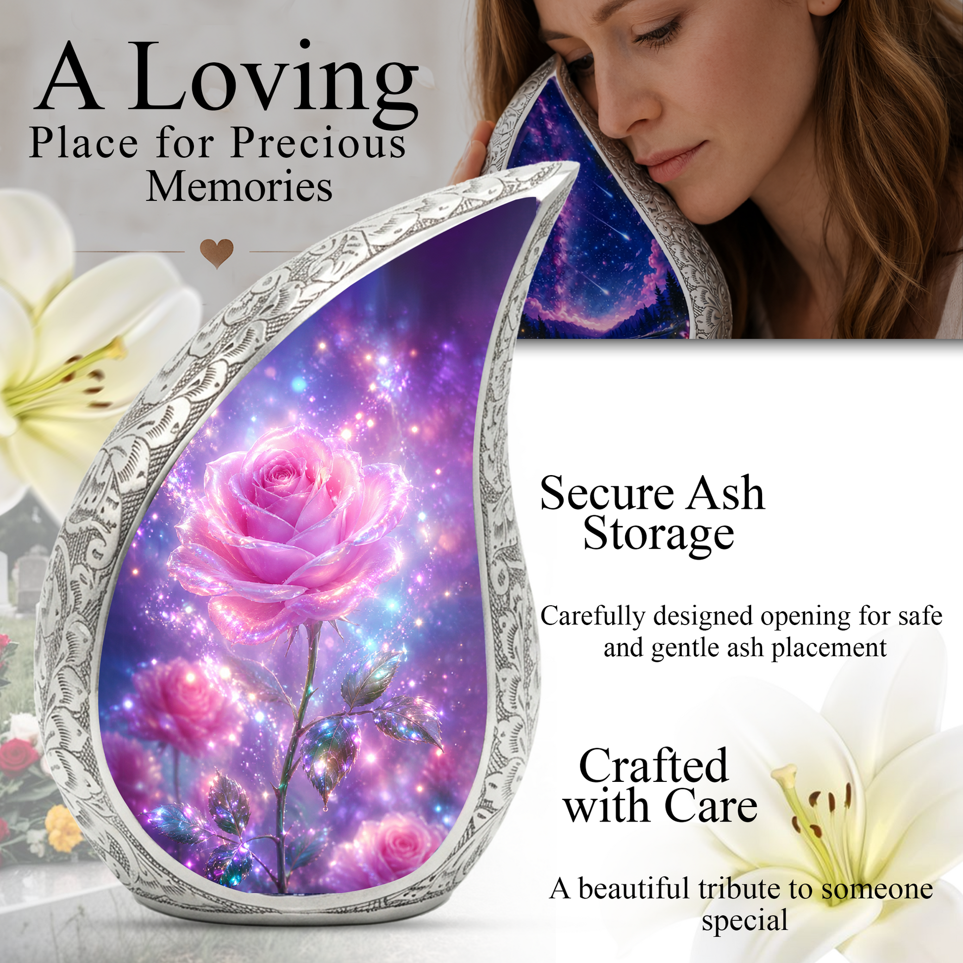 Pink Rose Memorial Urn for Mom, Floral Cremation Urn for Ashes