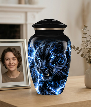 Personalized Adult Cremation Urn for Ashes, Custom Black Panther Memorial Urn, Blue Lightning Fantasy Animal Artwork