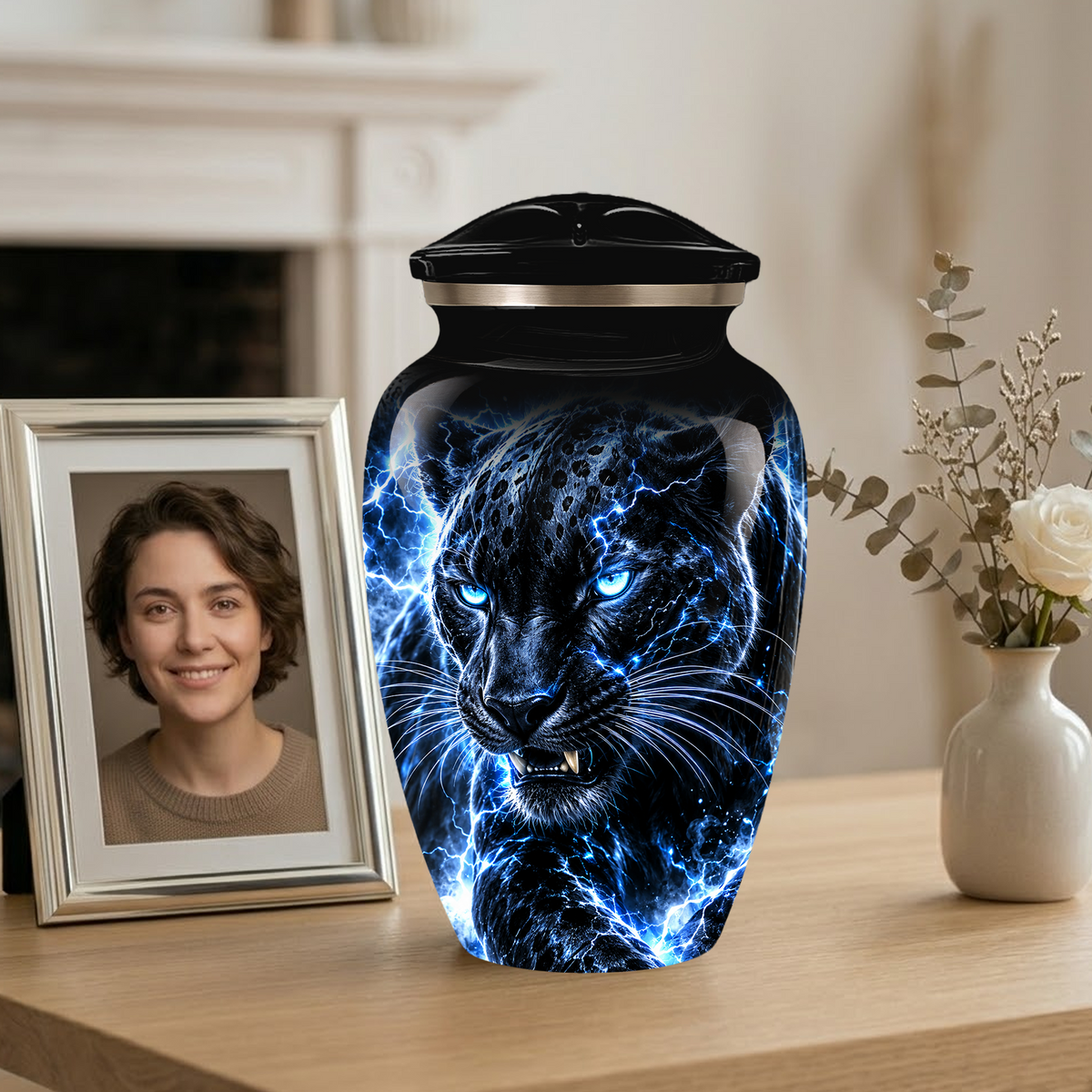Personalized Adult Cremation Urn for Ashes, Custom Black Panther Memorial Urn, Blue Lightning Fantasy Animal Artwork