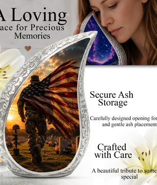 Patriotic Soldier Sunset Urn for Dad | American Flag Military Cremation Urn for Human Ashes