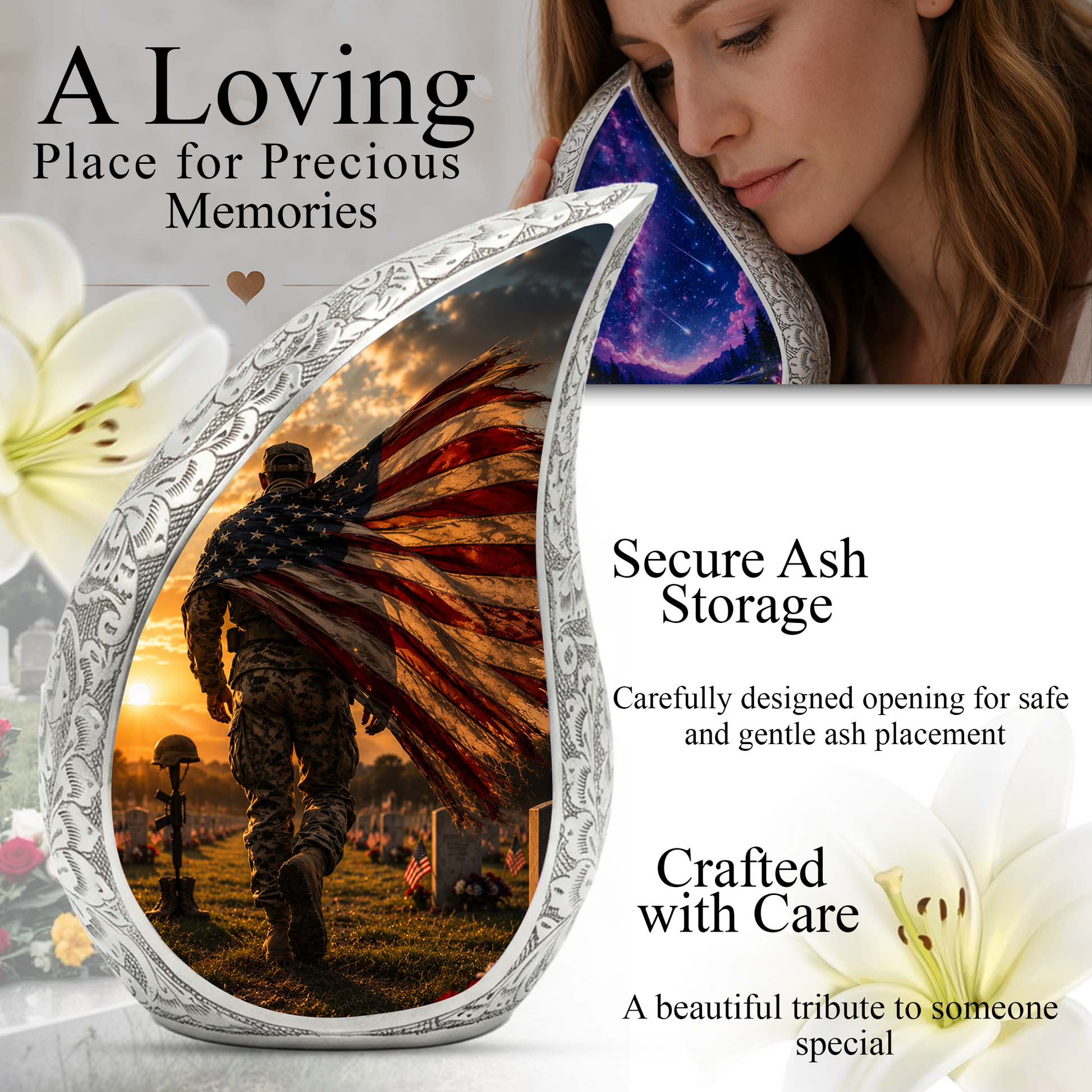 Patriotic Soldier Sunset Urn for Dad | American Flag Military Cremation Urn for Human Ashes