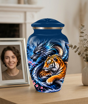 Blue Dragon and Tiger Cremation Urn for Adult Ashes, Fantasy Animal Memorial Urn