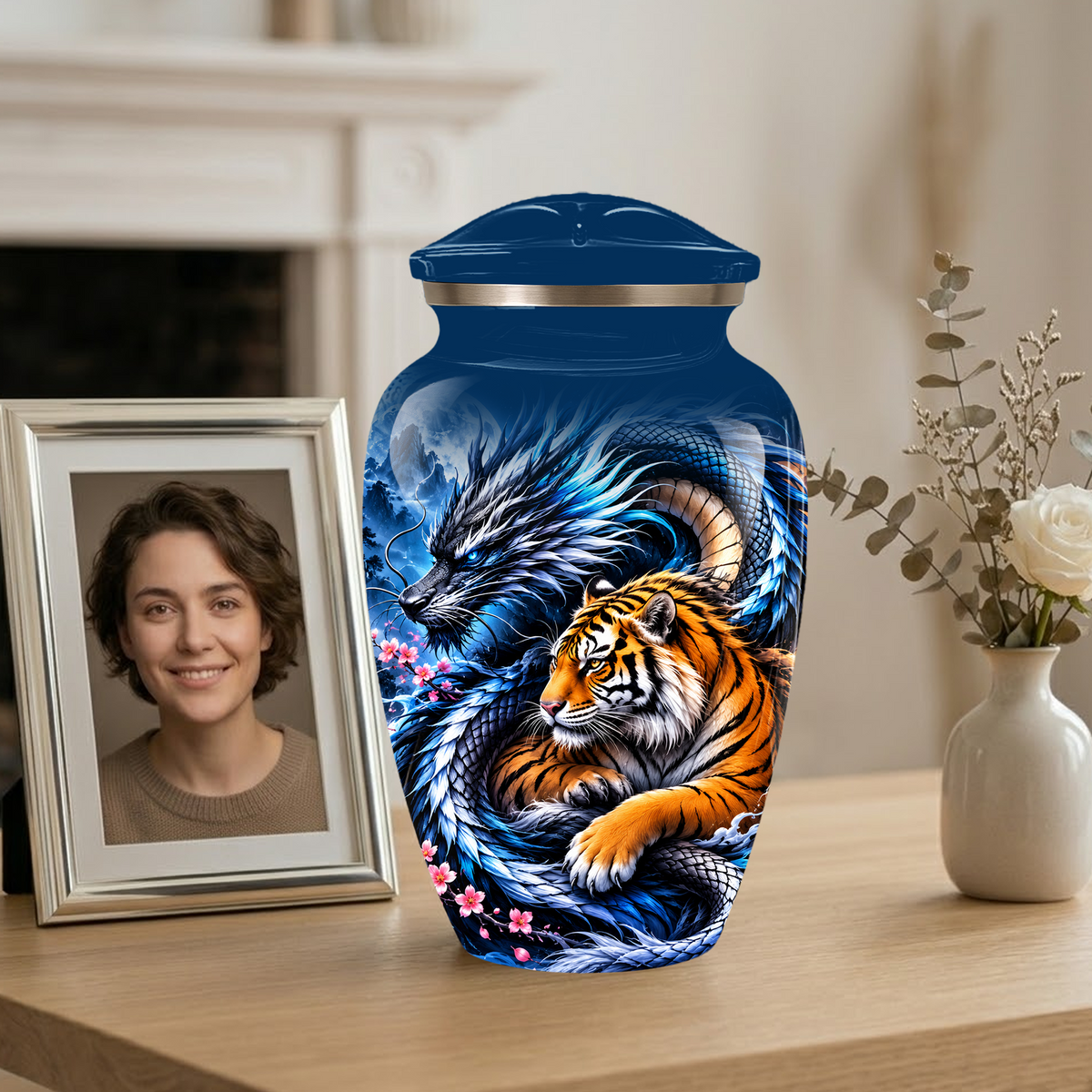 Blue Dragon and Tiger Cremation Urn for Adult Ashes, Fantasy Animal Memorial Urn