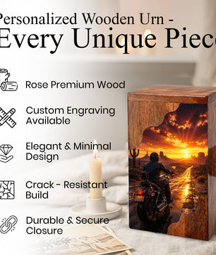 Motorcycle Wooden Cremation Urn – Sunset Ride Memorial Urn for Human Ashes