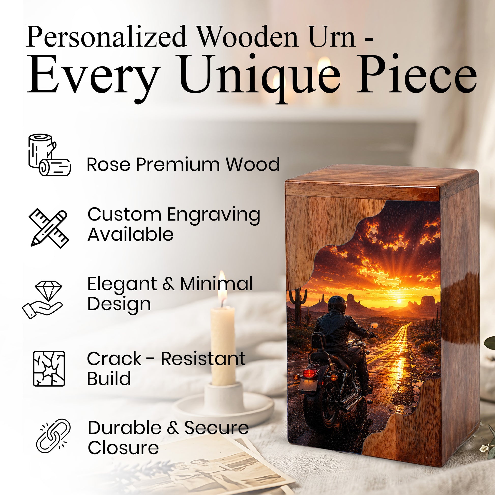 Motorcycle Wooden Cremation Urn – Sunset Ride Memorial Urn for Human Ashes
