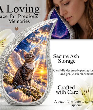 Angel Cat Cremation Urn for Ashes, Winged Cat Memorial Urn, Adult Aluminum Urn